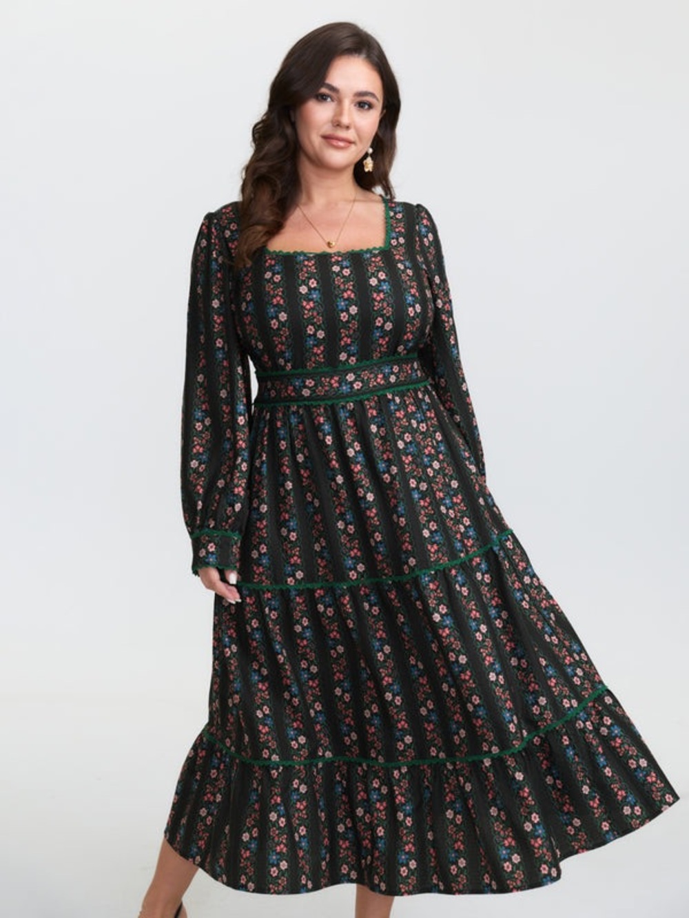 NWT bloomchic 30 Floral Square-Neck Black Maxi Dress with Green Trim